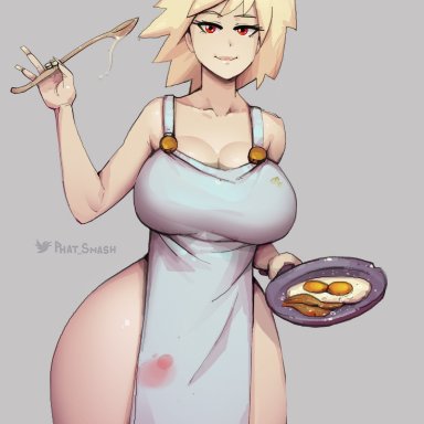 my hero academia, mitsuki bakugou, phat smash, 1girls, apron, apron only, big breasts, blonde hair, breasts, cleavage, female, female only, food, hips, holding