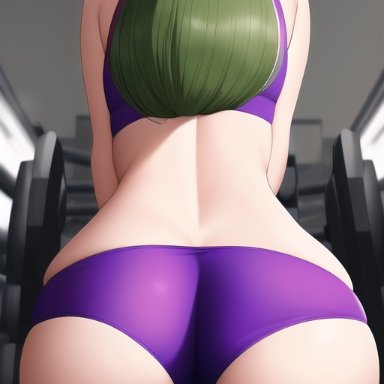 danganronpa, danganronpa 3, sato (danganronpa), nai diffusion, stable diffusion, ass, cameltoe, green hair, gym, gym uniform, huge ass, looking at viewer, looking back, midriff, sports bra