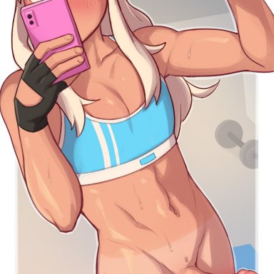 cody (dross), dross, 1boy, abs, balls, bangs, blonde hair, blue eyes, blush, cute, dumbbell, erection, femboy, feminine male, fingerless gloves