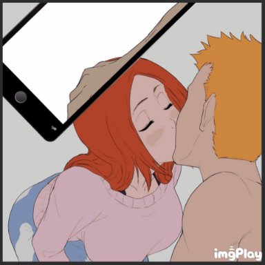 bleach, ichigo kurosaki, inoue orihime, iwao178, 1boy, 1girls, :&gt;=, before and after, blowjob, blush, breasts, canon couple, cellphone, cheating, cheating wife