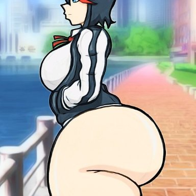 kill la kill, matoi ryuuko, biggy deez, 1girls, asian, asian female, ass, big ass, big breasts, big butt, black hair, blue eyes, bottom heavy, bottomless, bottomless female