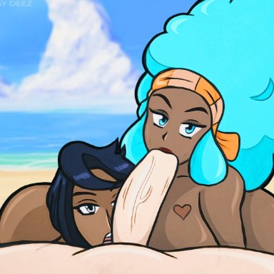 nintendo, pokemon, lenora (pokemon), olivia (pokemon), biggy deez, 1boy, 2girls, afro, beach, black hair, blue eyes, blue hair, dark-skinned female, dark skin, double blowjob