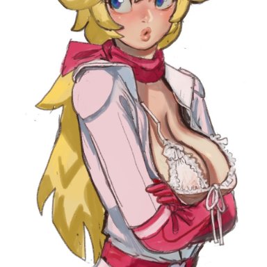 illumination entertainment, mario (series), nintendo, super mario bros. (2023 film), princess peach, mossa, 1girls, areola slip, areolae, belt, big breasts, biker peach, blonde hair, blue eyes, blush