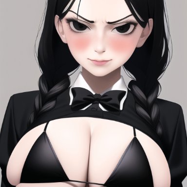 the addams family, wednesday addams, nai diffusion, stable diffusion, big breasts, black bikini, blush, breasts bigger than head, breasts bigger than torso, clothed, exposed breasts, formal, formal wear, goth, goth girl