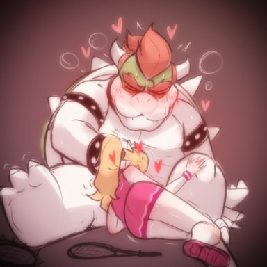 mario (series), mario tennis, nintendo, bowser, koopa, princess peach, bangdacy, anthro, blush, bracelet, closed eyes, clothing, dress, duo, fellatio