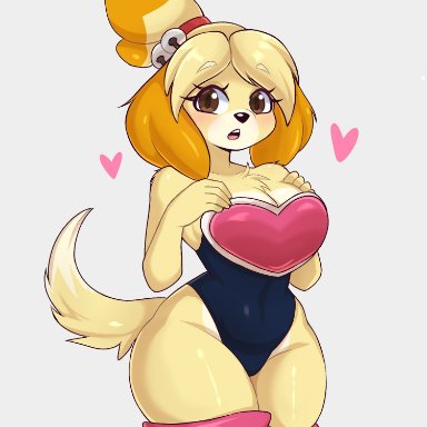 animal crossing, nintendo, sega, sonic (series), sonic the hedgehog (series), isabelle (animal crossing), rouge the bat (cosplay), artkett1412, 1girls, accessory, alternate costume, anthro, big breasts, black nose, blonde hair