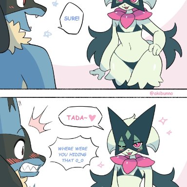 nintendo, pokemon, generation 4 pokemon, generation 9 pokemon, lucario, meowscarada, pokemon (species), akibun, anthro, balls, blue body, blue fur, blush, bra, canid