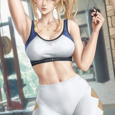 genshin impact, jean gunnhildr, sciamano240, 1girls, blonde hair, blue eyes, gym uniform, light skin, midriff, mirror, ponytail hold, sports bra, sweat, sweat stain, sweaty body