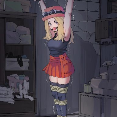 nintendo, pokemon, pokemon xy, serena (pokemon), callujy, 1girls, ball gag, basement, black crop top, blonde hair, bondage, books, breasts, cardboard box, chains