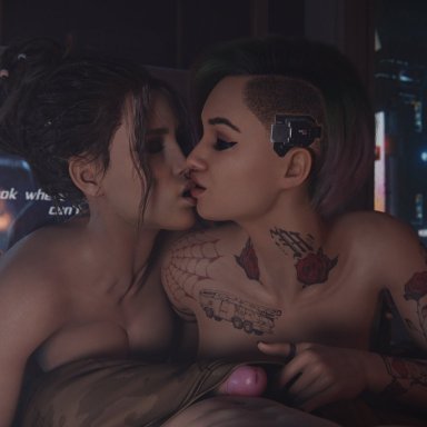 cyberpunk 2077, judy alvarez, panam palmer, checkpik, 1boy, 2girls, big ass, big breasts, big butt, big penis, bisexual, bisexual (female), blowjob, clothed male, dark-skinned female