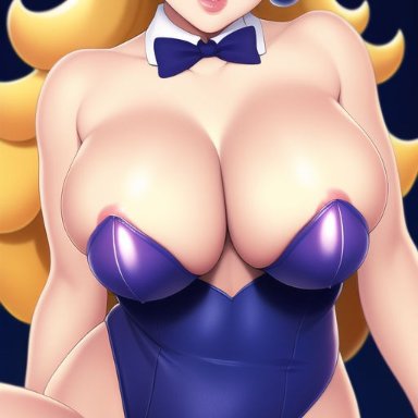 mario (series), nintendo, princess peach, nai diffusion, stable diffusion, 1girls, blonde hair, blue eyes, breasts, bunnysuit, female, female only, latex, looking at viewer, princess