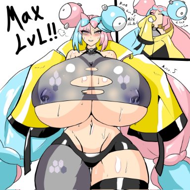 nintendo, pokemon, pokemon sv, iono (pokemon), marcormen, 1girls, blue hair, blush, blushing, breast bigger than head, breast expansion, breasts, cleavage, clothed, clothing