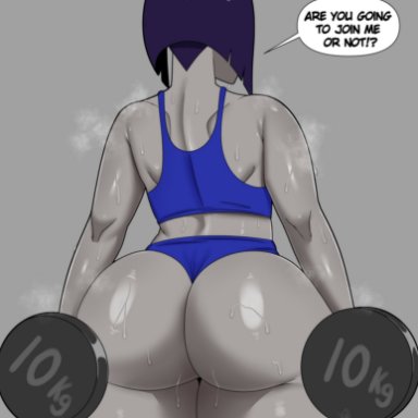 teen titans, raven, raven (dc), coldarsenal, back view, huge ass, large ass, lifting, lifting weights, purple hair, rear view, short hair, solo, solo female, superhero