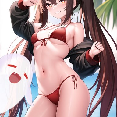 genshin impact, hu tao (genshin impact), nai diffusion, stable diffusion, 1girls, beach, bikini, blush, breasts, female, female only, ghost, red bikini, small breasts, smile