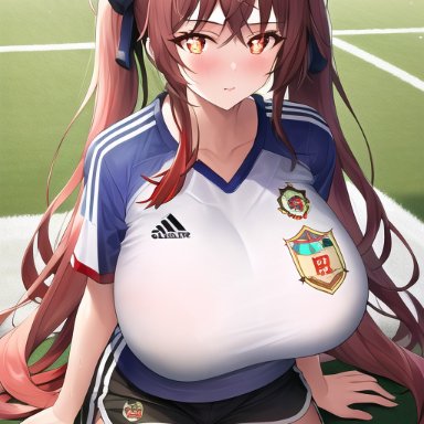 genshin impact, mihoyo, world cup, hu tao (genshin impact), nai diffusion, stable diffusion, alternate breast size, breasts, busty, huge breasts, shirt, short shorts, shorts, soccer, soccer uniform