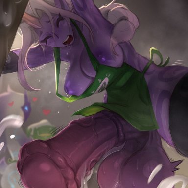 league of legends, riot games, kindred, soraka, lewdzure, 2futas, apron, apron only, areolae, armpits, arms up, balls, bent over, big balls, big penis