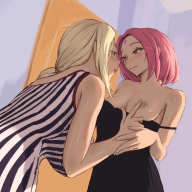 naruto, naruto (series), naruto shippuden, sakura haruno, tsunade, aad2dd, 2girls, adult, age difference, blonde hair, blush, clothed sex, clothing, dress, female