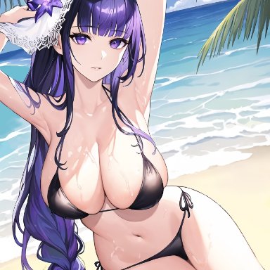 genshin impact, raiden shogun, nai diffusion, stable diffusion, armpits, beach, bikini, black bikini, braid, breasts, cleavage, curvaceous, curvy, hat, large breasts