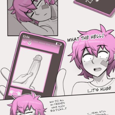 skater boi (dross), taylor (dross), dross, 1boy, bandage, big penis, blush, clothed, clothing, femboy, large penis, pink hair, comic, english text, high resolution