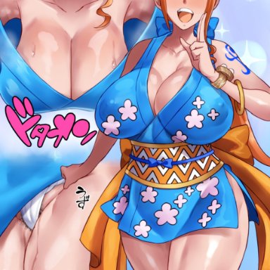 one piece, nami, haikawa hemlen, blush, bracelet, breasts, brown eyes, cleavage, closed mouth, clothes, covered nipples, female, female pubic hair, hanging breasts, japanese clothes