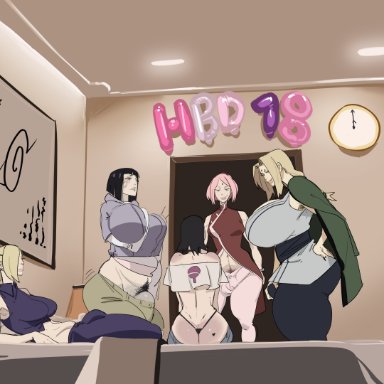 naruto, hyuuga hinata, ino yamanaka, sakura haruno, sarada uchiha, tsunade, yamanaka ino, honeybread, 1girls, 4futas, animal ears, balls, big breasts, big penis, birthday