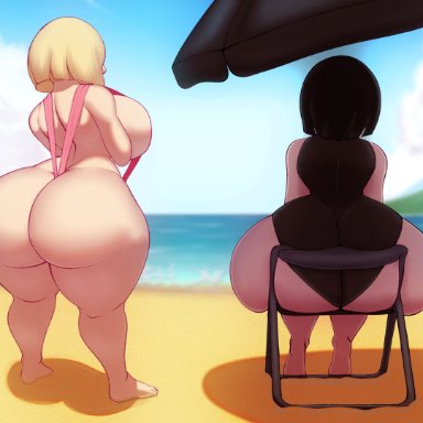 the loud house, thicc-verse, lucy loud, n-kosi, 2girls, ass, beach, beach umbrella, big ass, big breasts, bikini, bimbo, black hair, black swimsuit, black umbrella