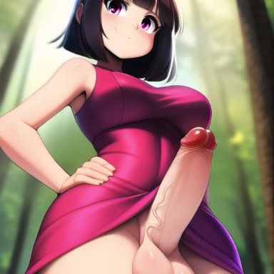 original, nai diffusion, stable diffusion, whyhisname, 1futa, balls, bangs, big breasts, big penis, black hair, bottomless, breasts, clothed, clothing, dress