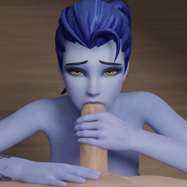 overwatch, widowmaker, loudrain, 1boy, big penis, blue hair, blue skin, eye contact, fellatio, female, hair tied, hand on penis, handjob, leaning forward, light-skinned male