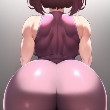 my hero academia, ochako uraraka, nai diffusion, stable diffusion, 1girls, ass focus, brown hair, bubble ass, bubble butt, female, from behind, huge ass, muscular female, pink pants, presenting