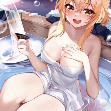 genshin impact, lumine (genshin impact), squchan, 1girls, alcohol, blonde hair, blush, breasts, female, hot spring, large breasts, light-skinned female, light skin, long hair, sake