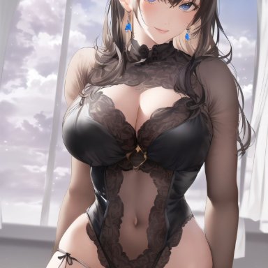 original, nai diffusion, stable diffusion, 1girls, big breasts, black clothing, black hair, female, female only, long hair, looking at viewer, solo, ai generated, high resolution, highres