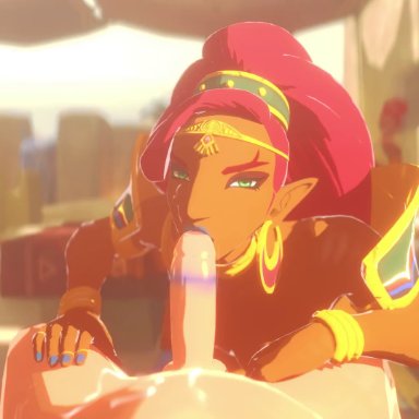 breath of the wild, the legend of zelda, urbosa, nodusfm, 1boy, 1girls, cum, cum on face, cumshot, female, green eyes, looking at viewer, oral, oral penetration, oral sex