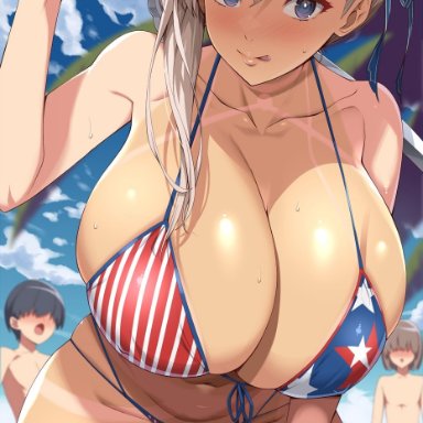 fate/grand order, fate (series), miyamoto musashi (fate), kloah, 1girls, 2boys, american flag bikini, asymmetrical hair, bangs, bent over, bikini, blue eyes, blush, breasts, cleavage