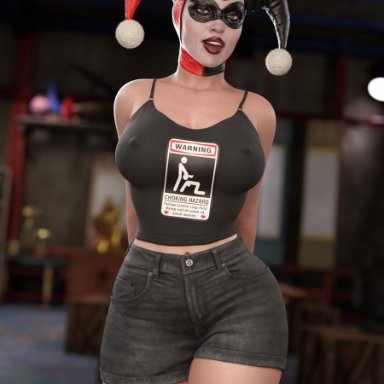 batman (series), dc, dc comics, harley quinn, harley quinn (classic), smitty34, big breasts, large breasts, makeup, pale-skinned female, perky breasts, short shorts, shorts, tank top, thick thighs