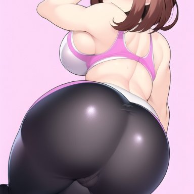 my hero academia, ochako uraraka, nai diffusion, stable diffusion, 1girls, ass focus, bent over, brown hair, female, from behind, huge ass, looking at viewer, muscular female, short hair, ai generated