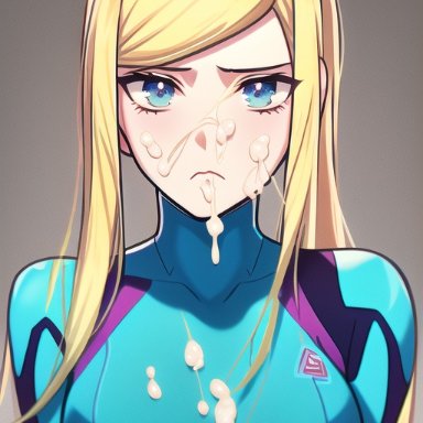 metroid, samus aran, nai diffusion, stable diffusion, 1girls, angry, annoyed, blonde hair, blue eyes, bodysuit, cum, cum in mouth, cum on body, cum on face, female