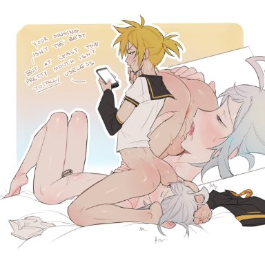 vocaloid, kagamine len, utatane piko, lacryboy, 2boys, ass, blonde hair, chastity cage, eating ass, facesitting, grey hair, nude, oral, sex, sitting on face