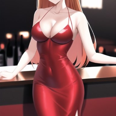 neon genesis evangelion, asuka langley sohryu, nai diffusion, stable diffusion, 1girls, bar, breasts, cleavage, cowboy shot, dress, facing viewer, female, indoors, looking at viewer, nightclub