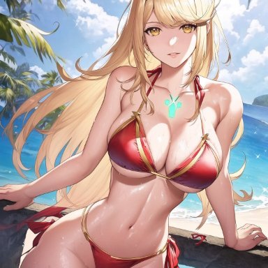 xenoblade (series), xenoblade chronicles 2, mythra, nai diffusion, stable diffusion, 1girls, bikini top, blonde hair, core crystal, curvaceous, curvy body, curvy figure, female, female only, long hair