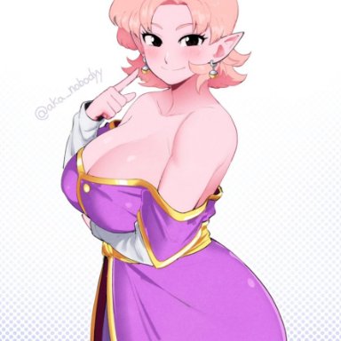 dragon ball, dragon ball heroes, dragon ball super, dragon ball xenoverse, dragon ball z, chronoa, aka nobodyy, big breasts, black eyes, cleavage, clothed, earrings, pink hair, pink skin, potara earrings