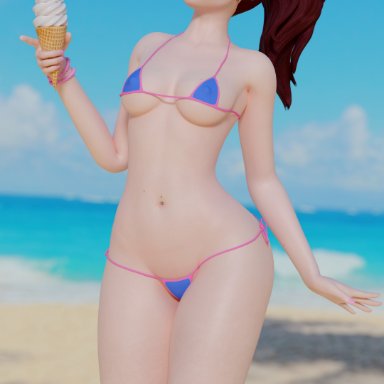 overwatch, d.va, hana song, nemesis 3d, 1girls, asian, asian female, beach, bikini, breasts, brown eyes, brown hair, female, ice cream, light-skinned female