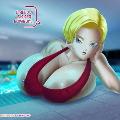 dragon ball, android 18, doompypomp, 1girls, blonde, blonde female, blonde hair, blonde hair female, blue eyes, cleavage, curvy, erect nipples, female, gigantic breasts, huge areolae