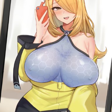 nintendo, pokemon, pokemon sv, cynthia (pokemon), gym leader (cosplay), iono (pokemon) (cosplay), akamashi, blonde hair, breasts, busty, cosplay, erect nipples, erection under clothes, huge breasts, jacket