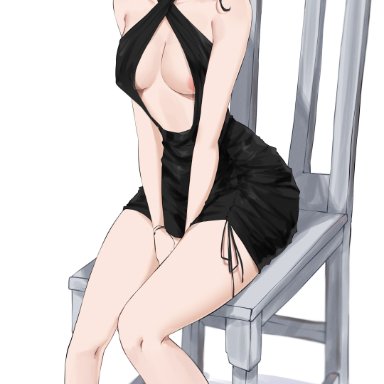 chainsaw man, higashiyama kobeni, feintheart721, 1girls, bare arms, bare legs, black dress, black eyes, black hair, blush, breasts, chair, dress, female, female only