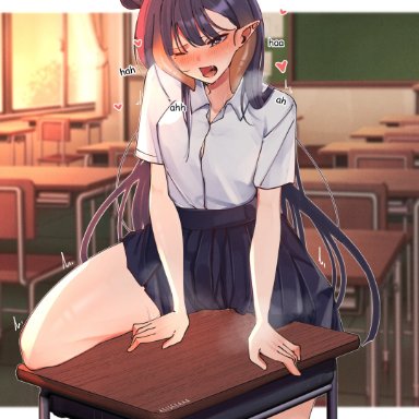 hololive, hololive english, ninomae ina'nis, keisea, blush, classroom, female, female only, grinding, masturbation, moaning, moaning in pleasure, pussy juice, school uniform, schoolgirl