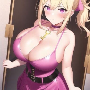 lilly gracie, lillygvtuber, nai diffusion, stable diffusion, 1girls, big breasts, big thighs, blonde hair, bow, breasts, busty, chastity key, choker, cleavage, clothed