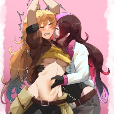 rwby, neo (rwby), yang xiao long, 2girls, blonde hair, blush, blush lines, bound, bound wrists, brown hair, closed eyes, hands above head, holding, holding another, licking