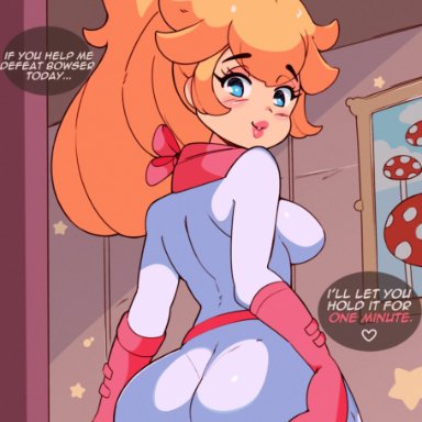 mario (series), nintendo, super mario 64, super mario bros. (2023 film), princess peach, tiaramisstsu, 1girls, ass, ass grab, back view, big ass, big butt, blonde hair, blue eyes, blush