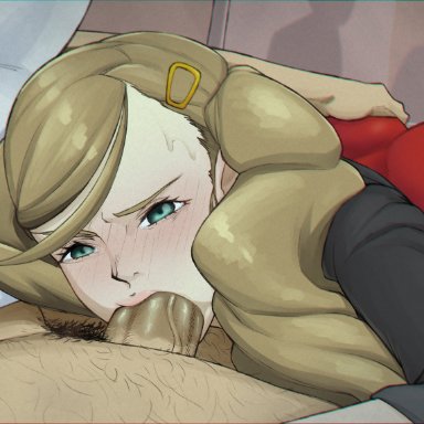 persona, persona 5, ann takamaki, suguru kamoshida, coli, 1boy, 1girls, ass, ass grab, balls, big penis, blowjob, blue eyes, clothed female, fellatio