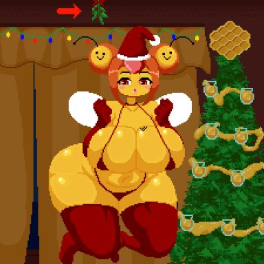 christmas, pokemon, combee, pok&#233;mon (species), bimbovaporeon, spinneborg, 1girls, anthro, armwear, ass, bee, big ass, big breasts, bimbo, bra